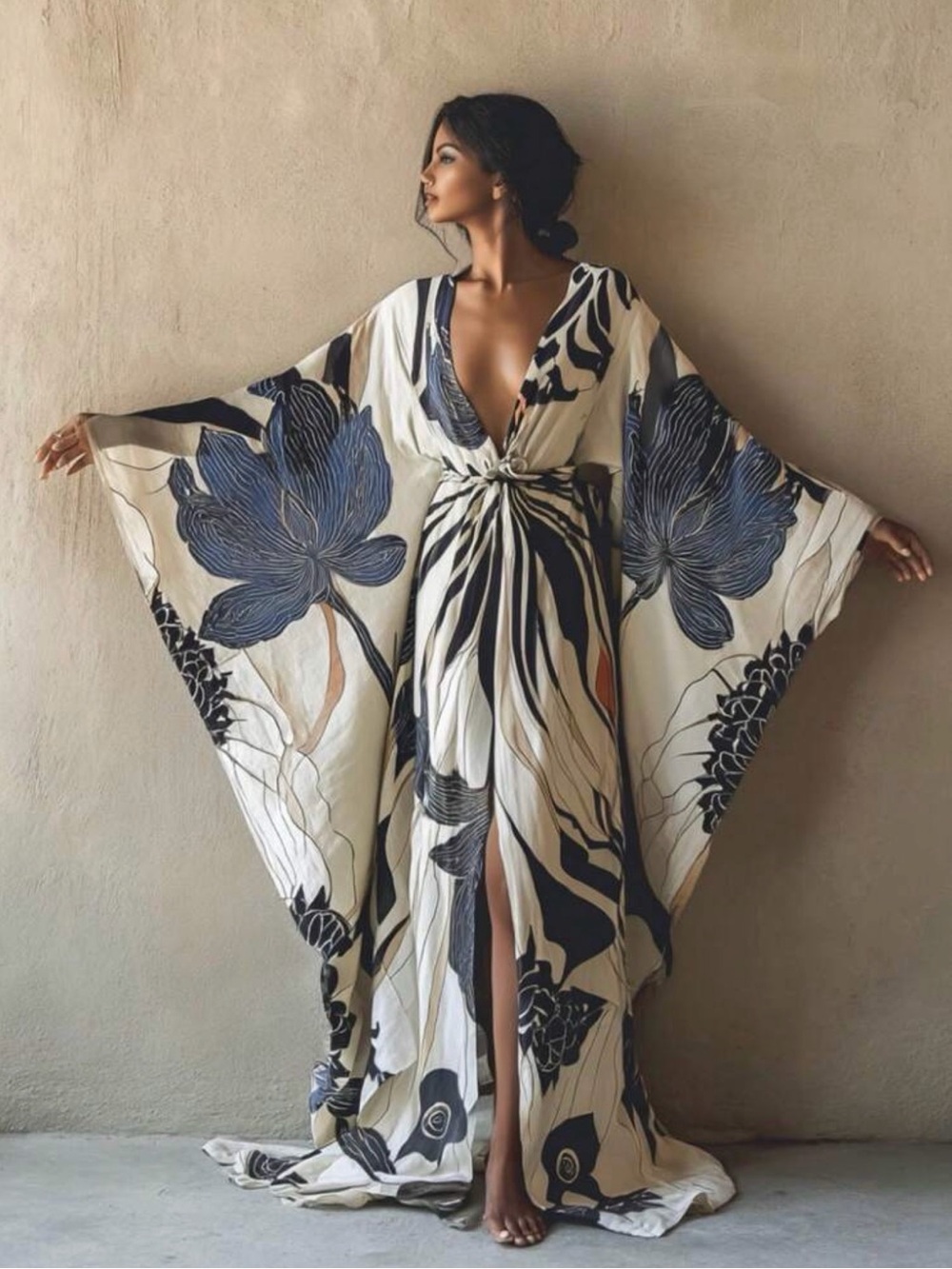 Bohemian Floral Wrap Maxi Dress / Kimono - Ivory & Navy